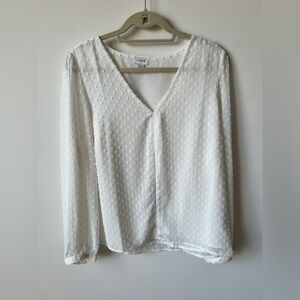 J.Crew White Swiss Dot Long Sleeve Blouse Sheer V-Neck Size L
